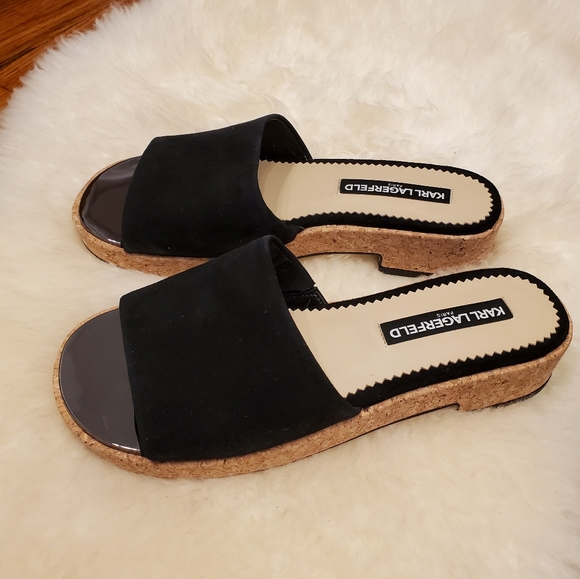 Karl Lagerfeld Shoes - Karl Lagerfeld Black Suede Cork Slides 7